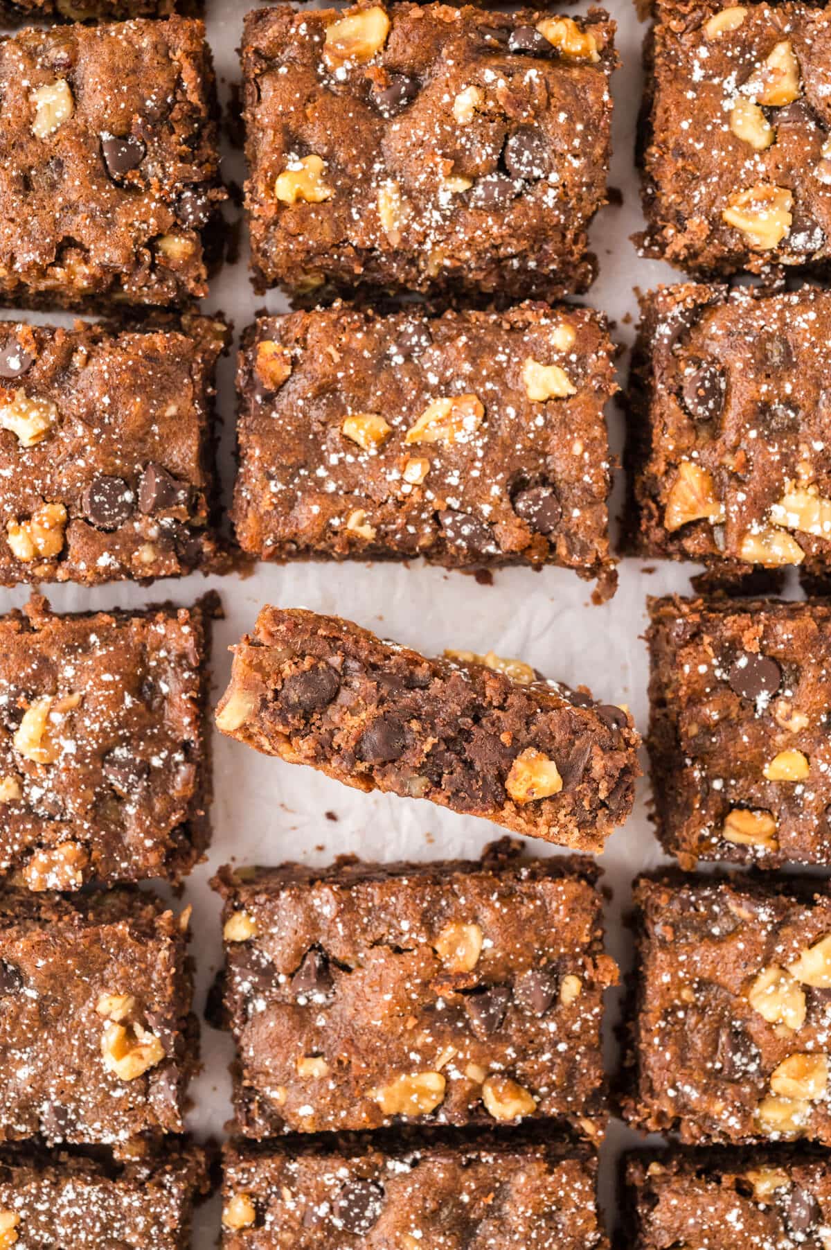 Chocolate surprise bars cut into squares.