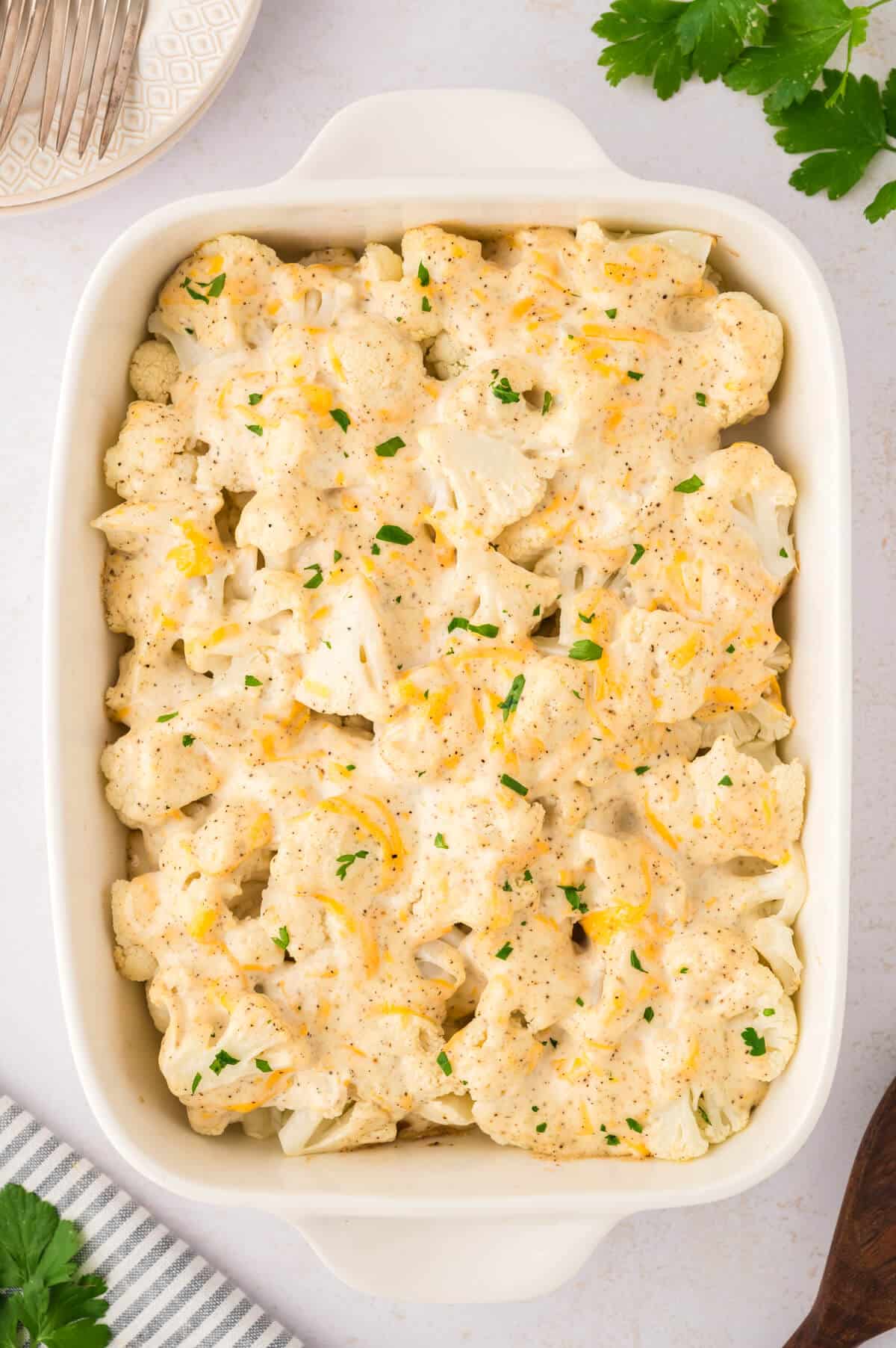 Creamy cauliflower in a baking dish.