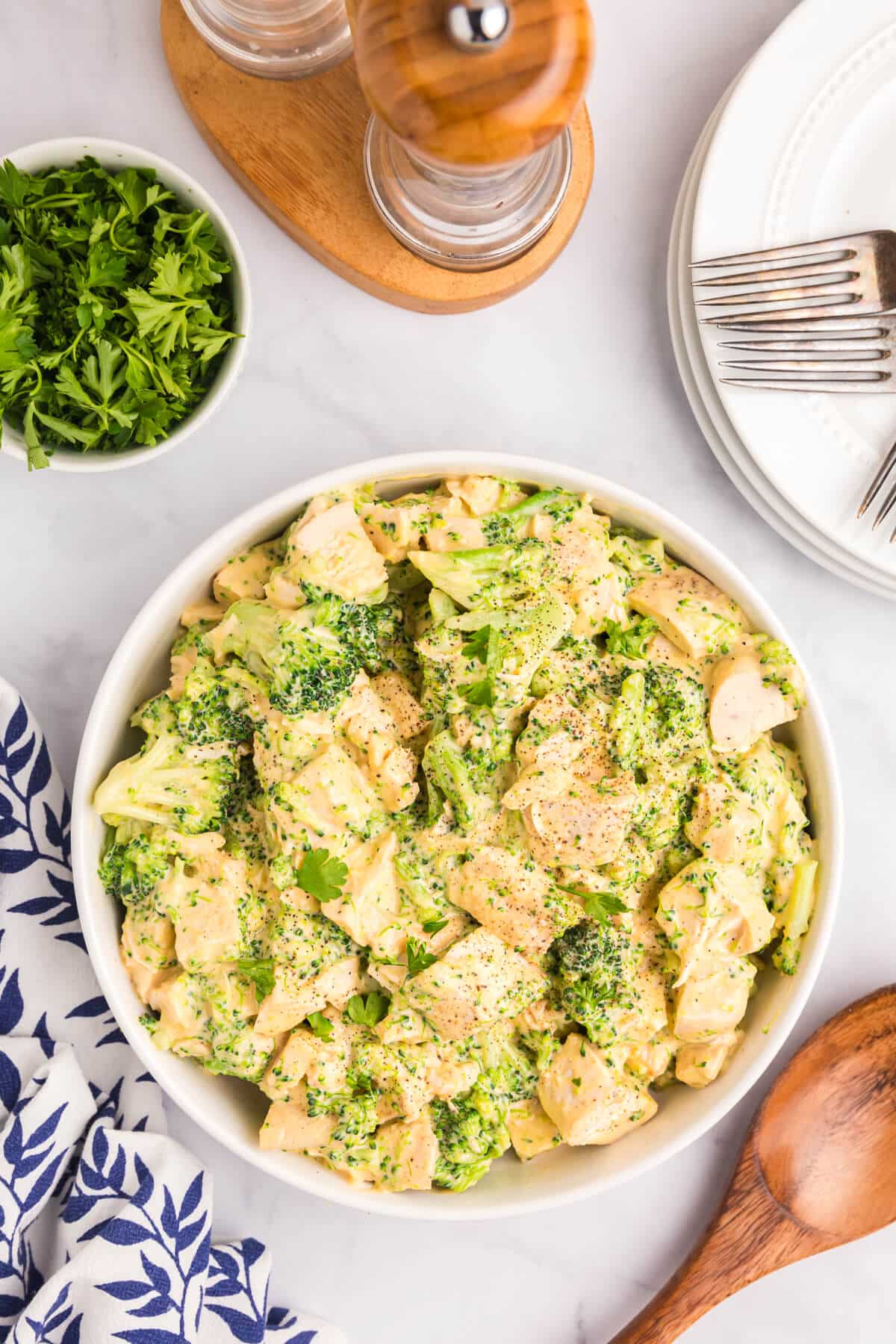 Cheesy chicken and broccoli in a bowl.