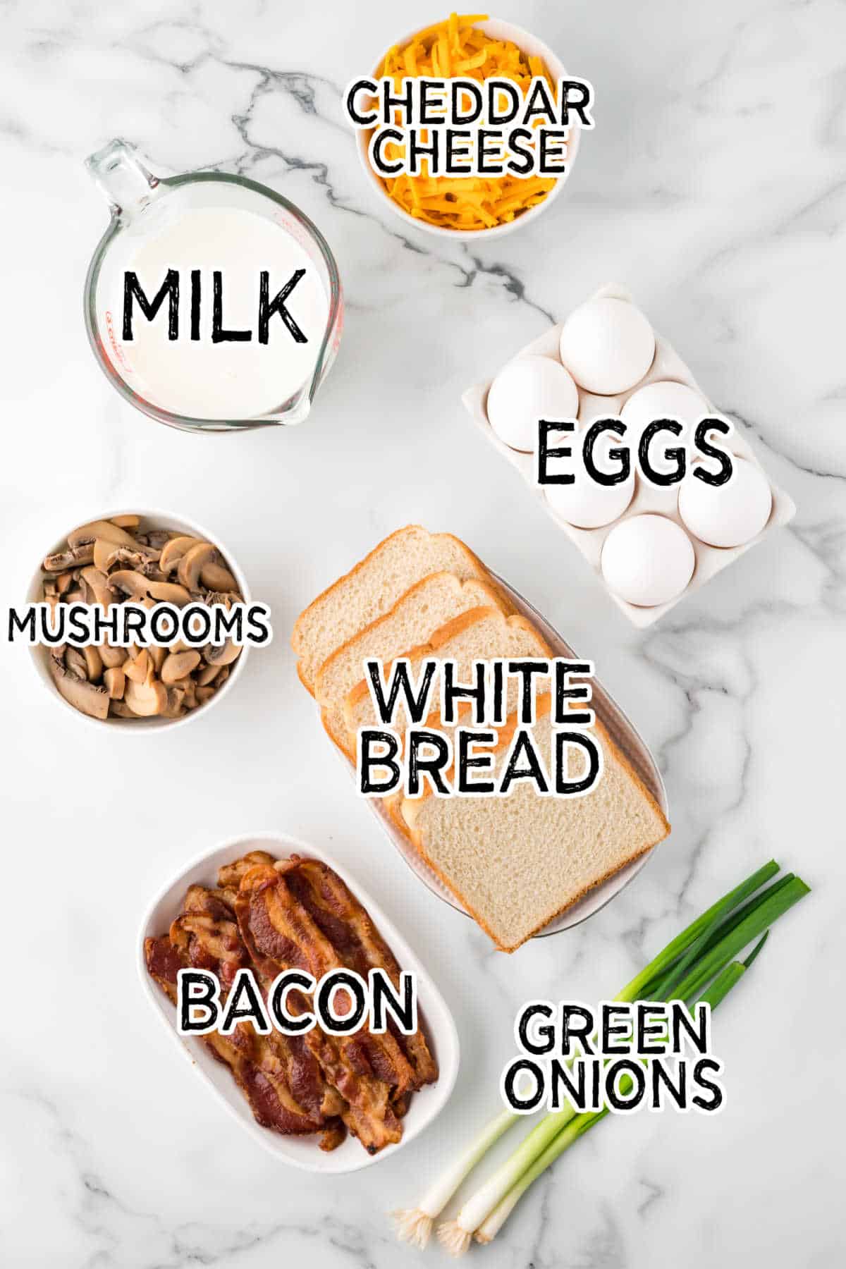 Ingredients to make overnight bacon breakfast casserole.