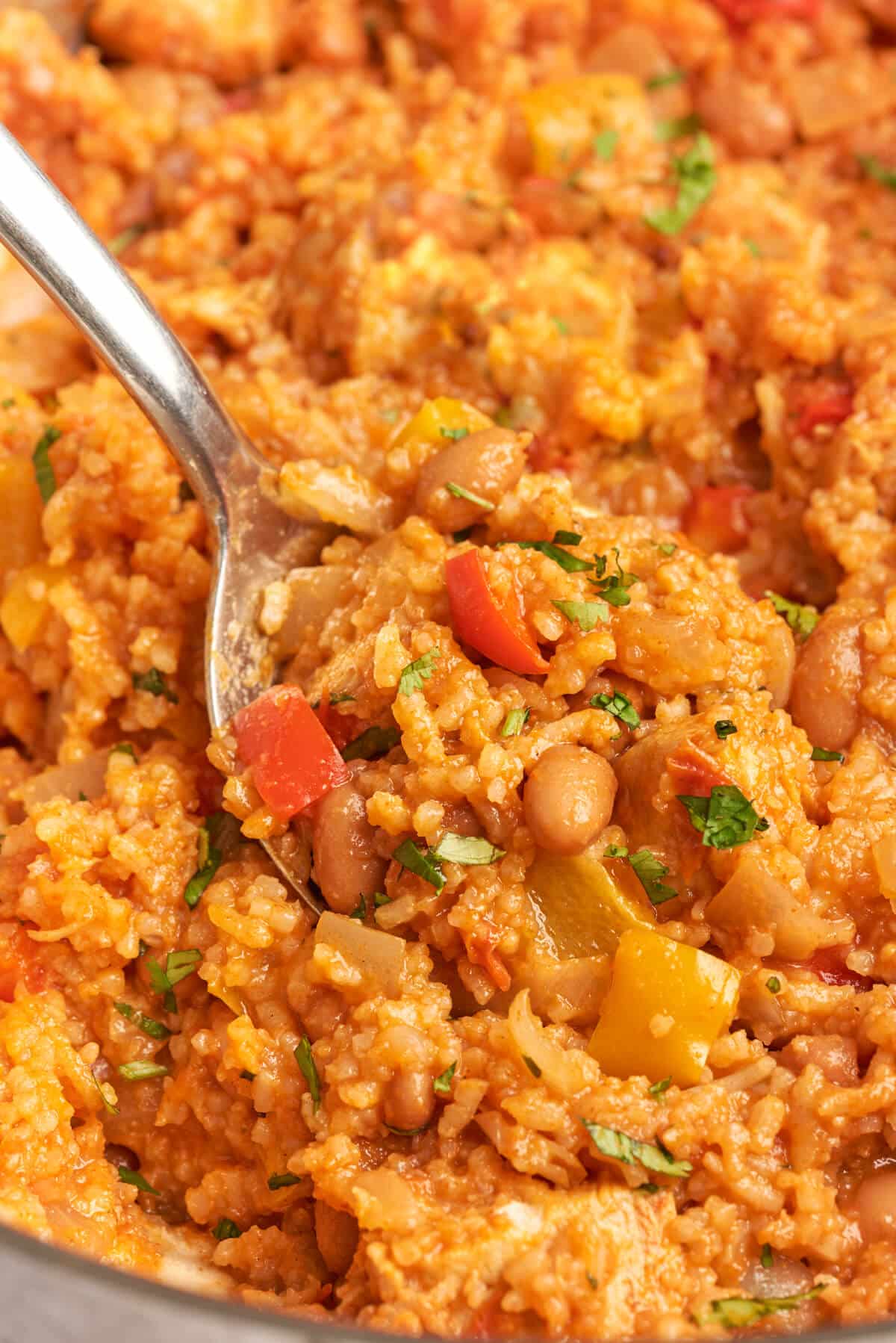 A serving spoon in a pot of chicken burrito bowl.