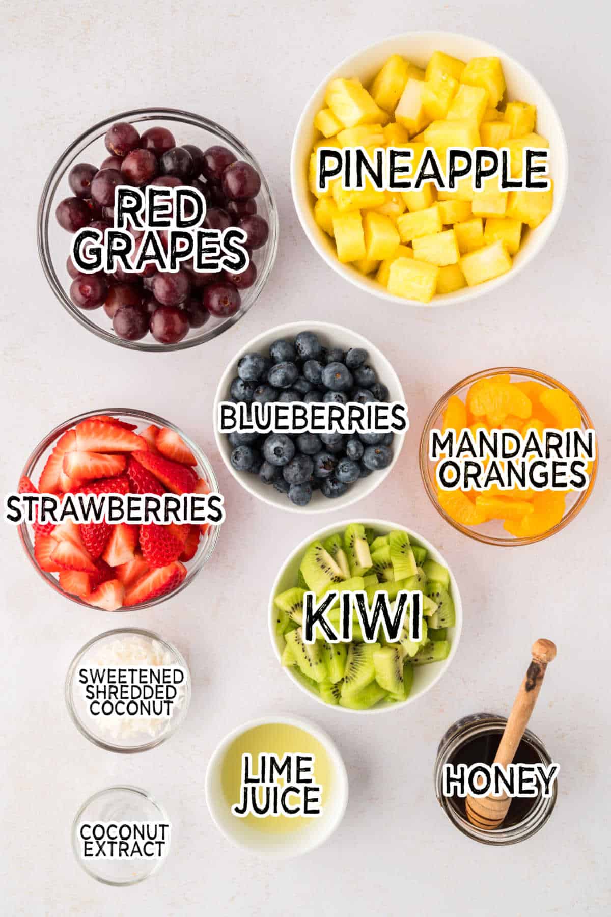 Ingredients to make rainbow fruit salad.