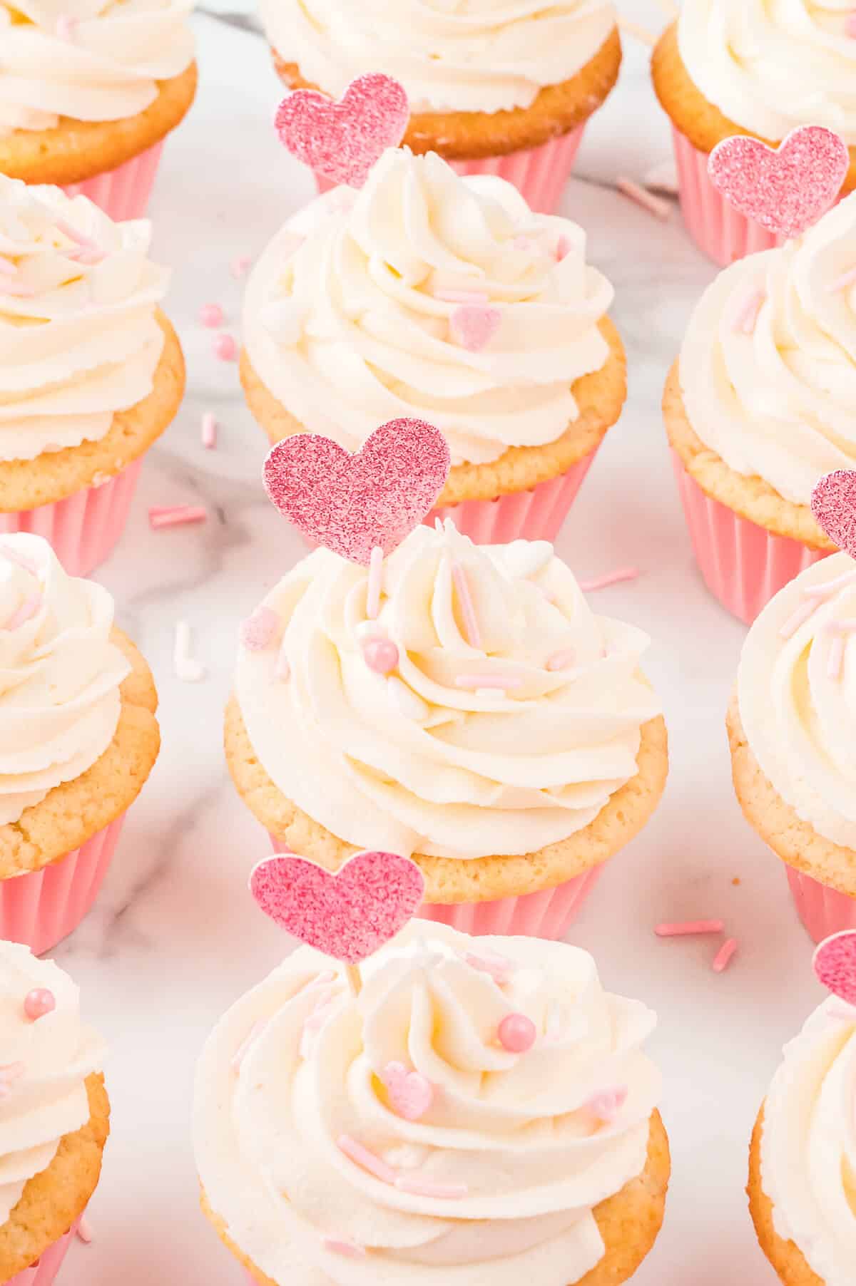 A group of Valentine's Day cupcakes.