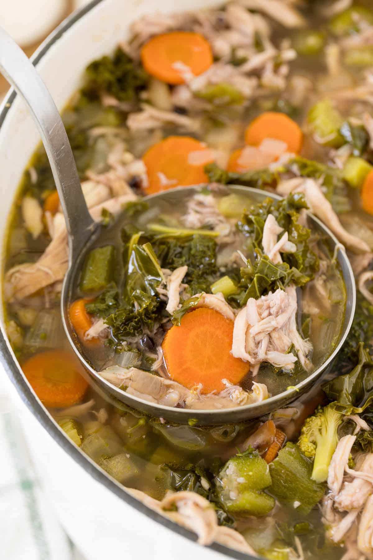 A pot of very veggie chicken and rice soup with a ladle.