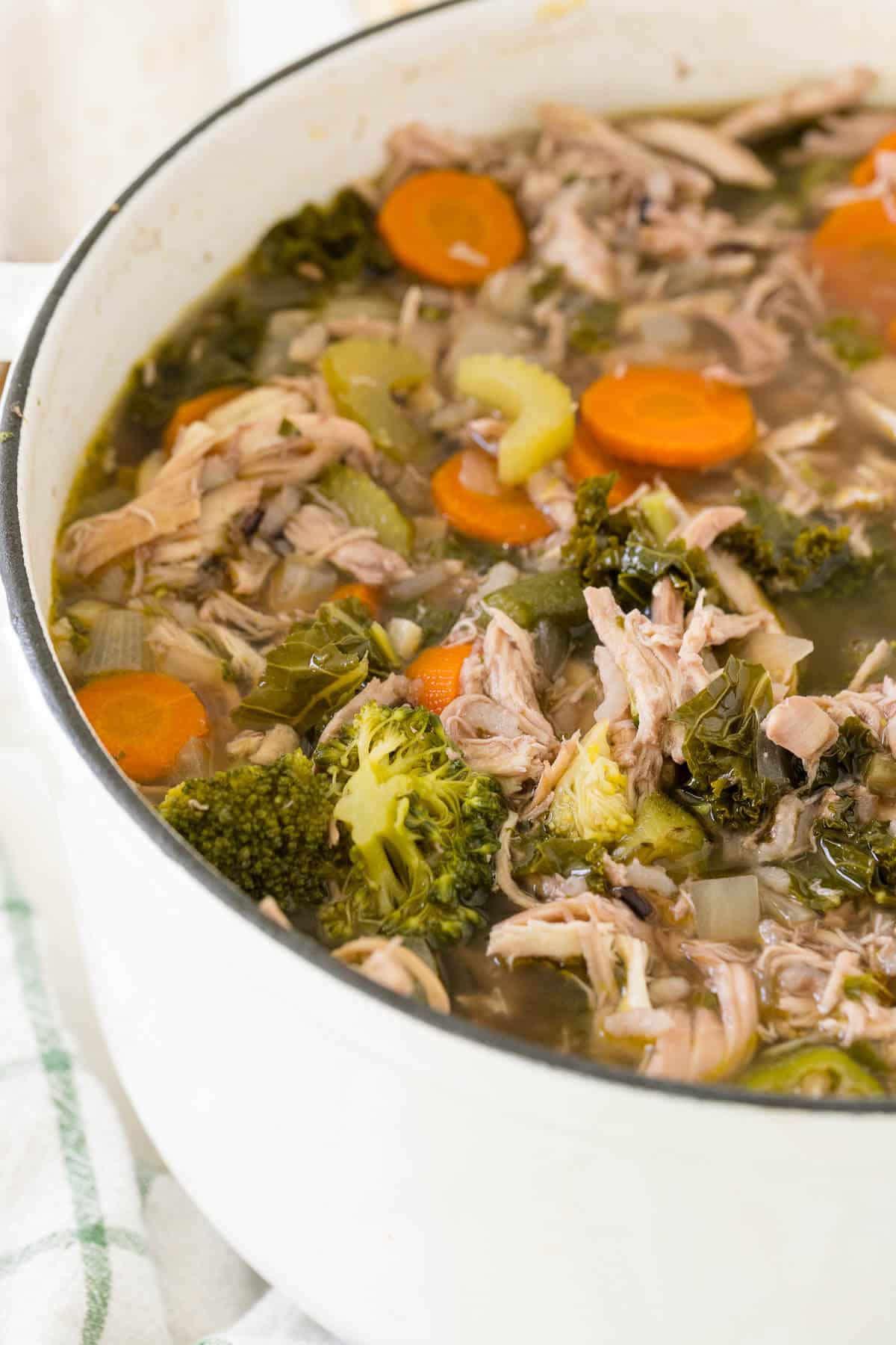 A pot of very veggie chicken and rice soup.