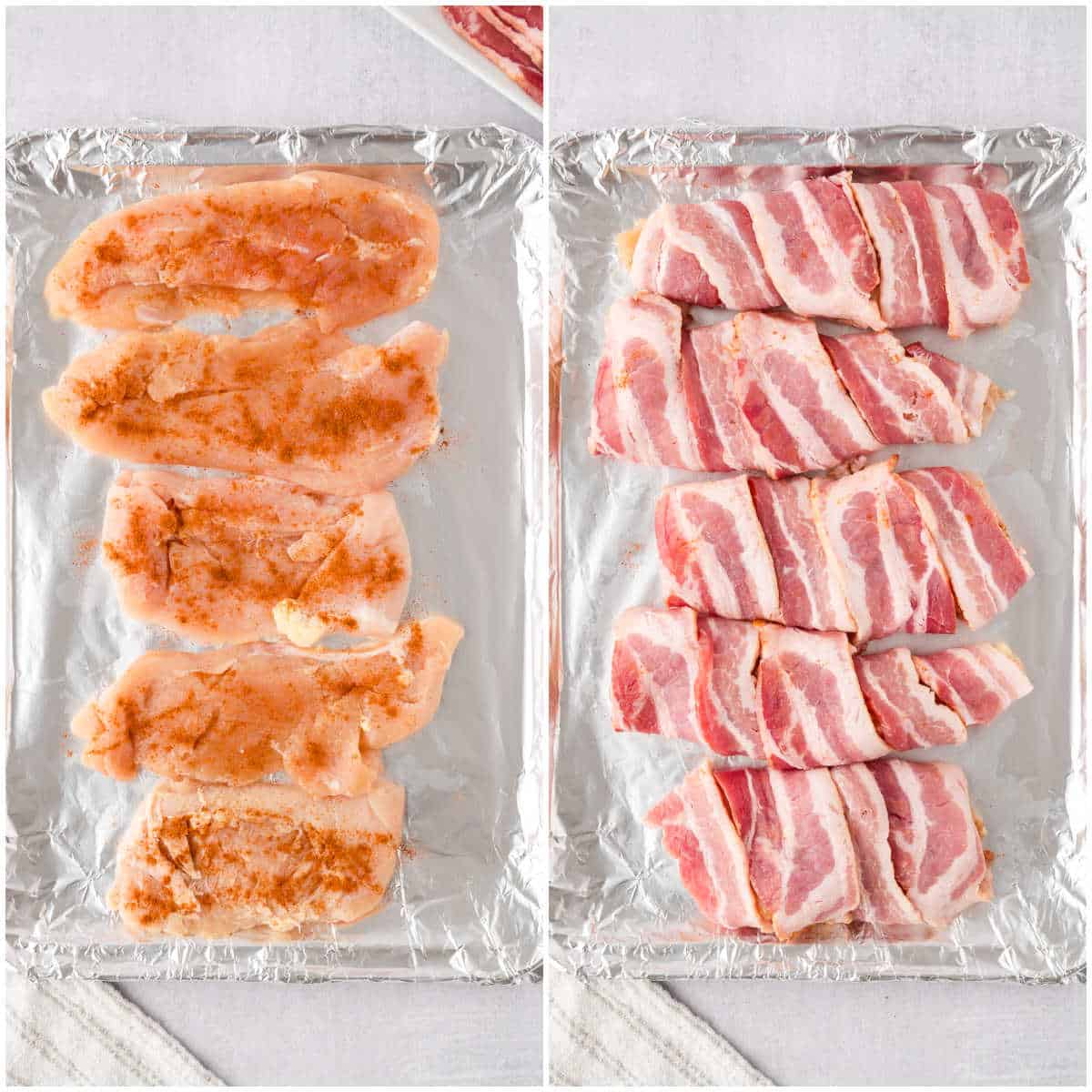 Steps to make bacon wrapped chicken.