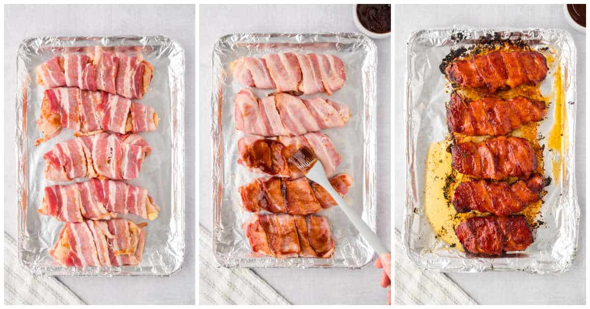 Steps to make bacon wrapped chicken.