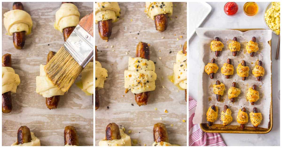 Steps to make breakfast pigs in a blanket.