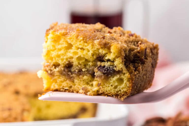 Cake mix coffee cake on a serving spatula.