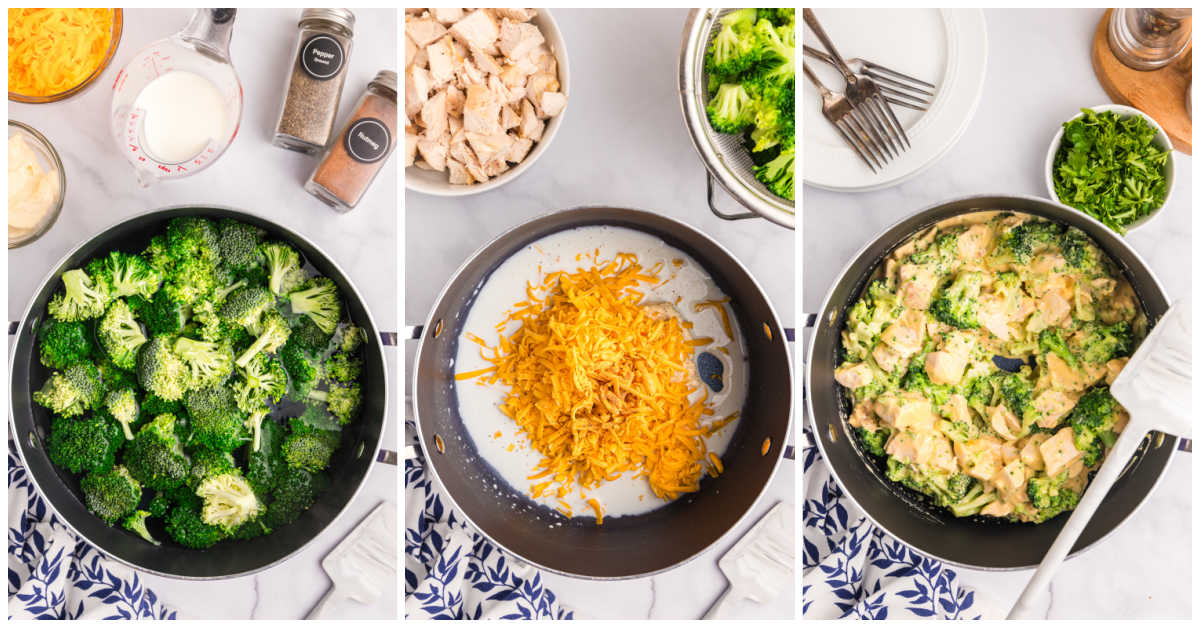 Steps to make cheesy chicken and broccoli.