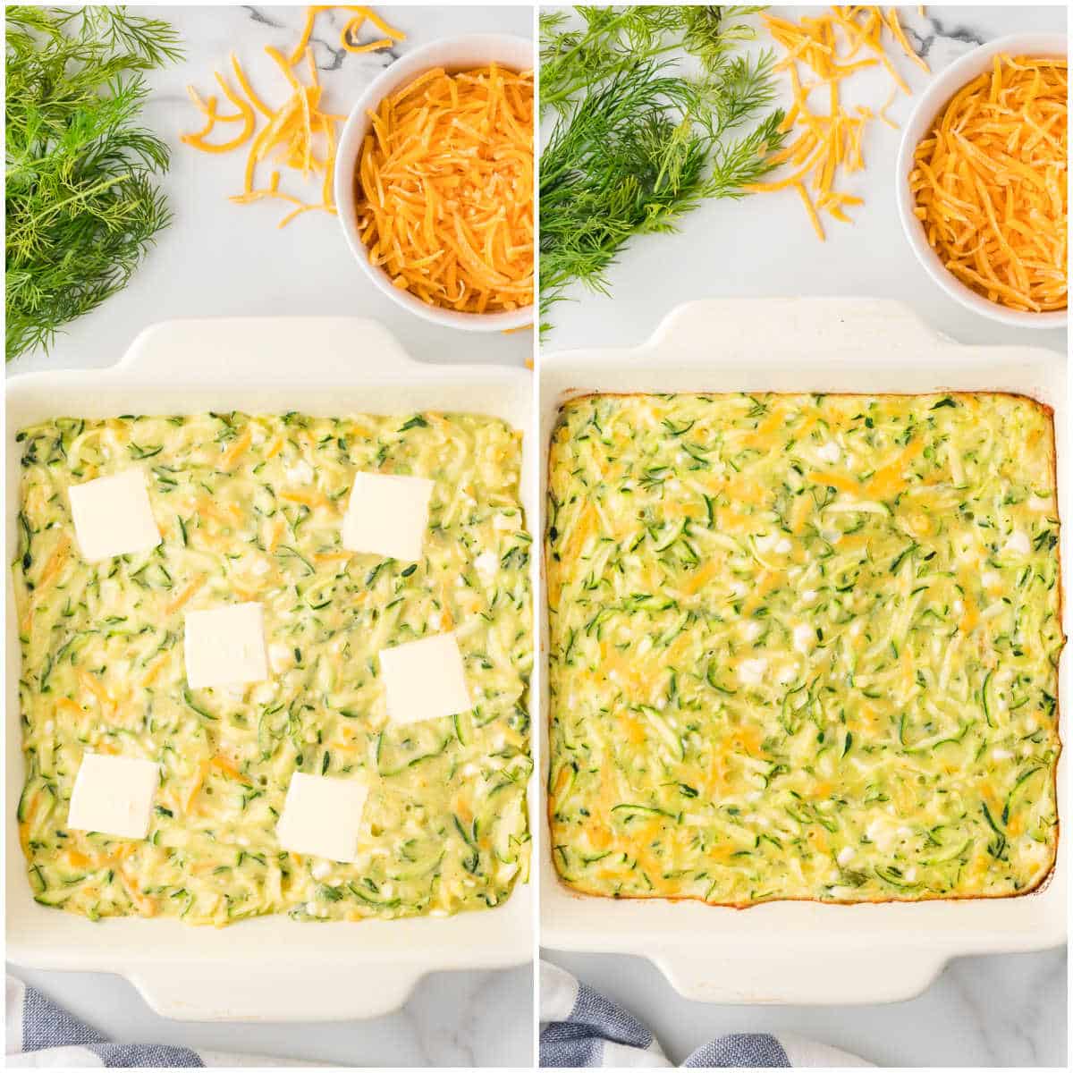 Steps to make cheesy zucchini bake.