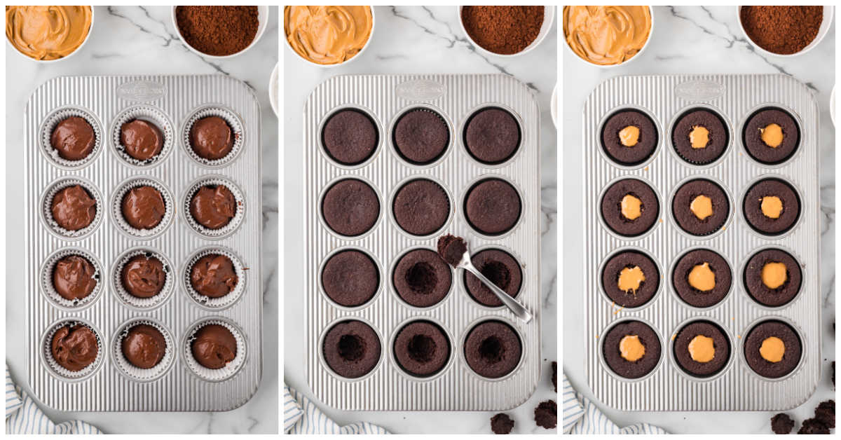 Steps to make chocolate peanut butter cupcakes.