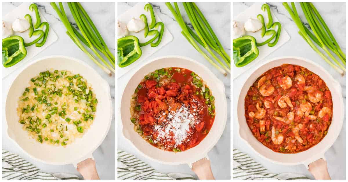 Collage of preparing the recipe in a pan.