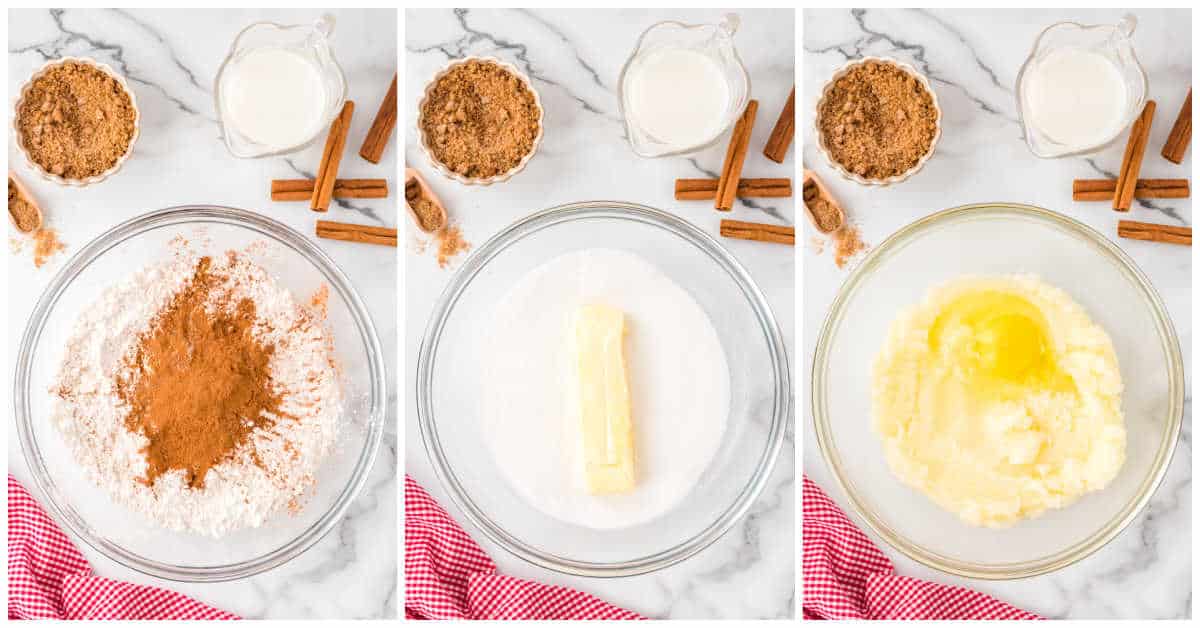 Collage of mixing the cupcake ingredients in a bowl.