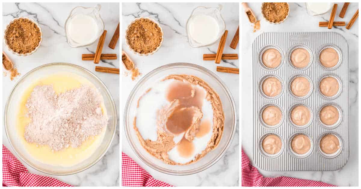 Collage of mixing ingredients and adding to a muffin pan.