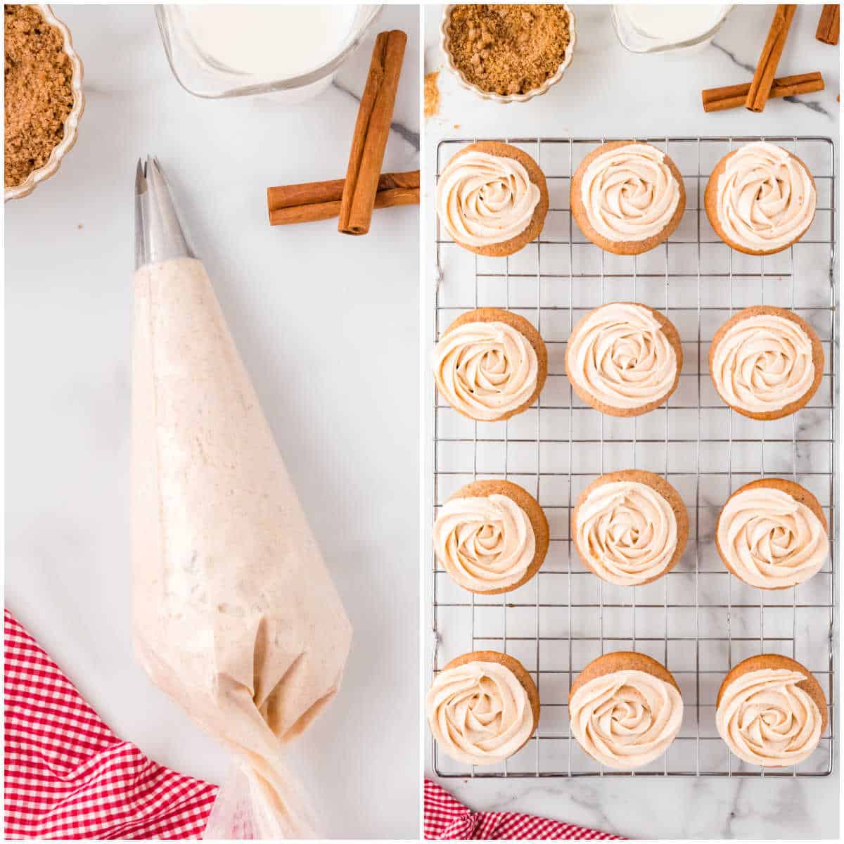 Collage of frosting the cupcakes.