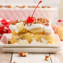 A slice of cake on a plate.