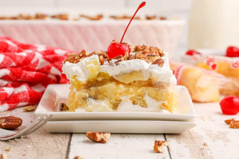 A slice of Twinkie cake on a plate.