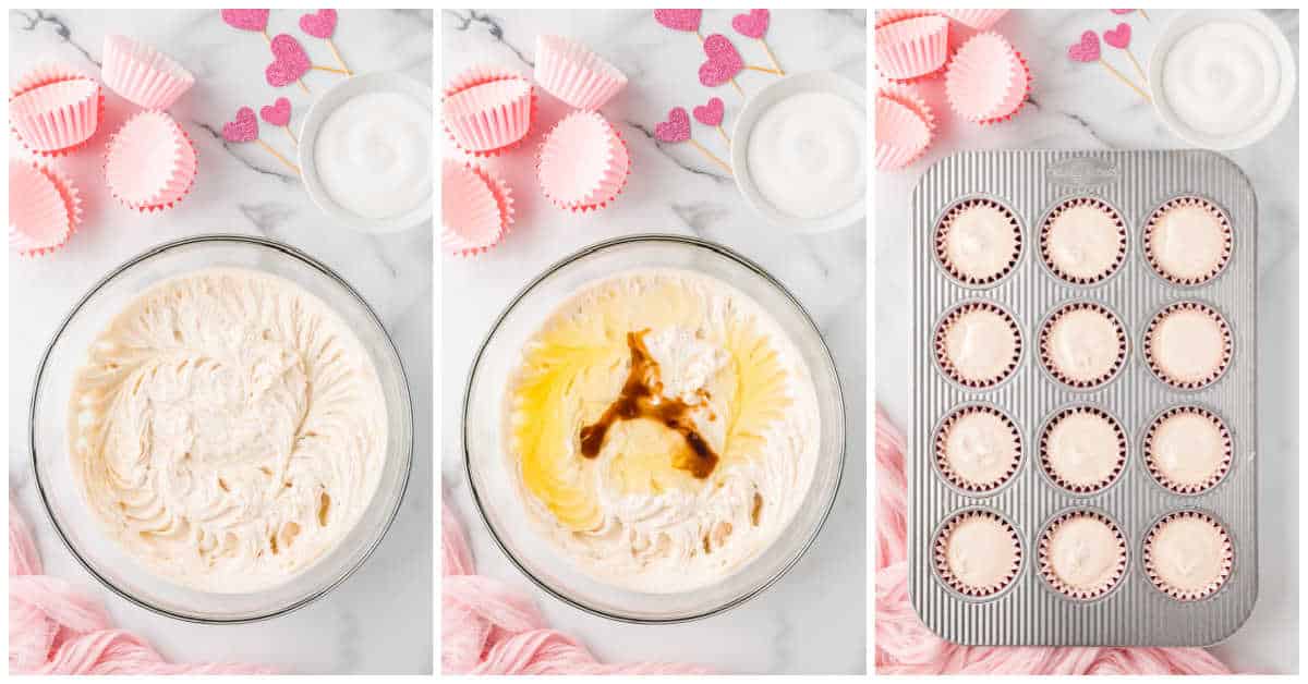 Collage of mixing the batter and adding to a cupcake pan.