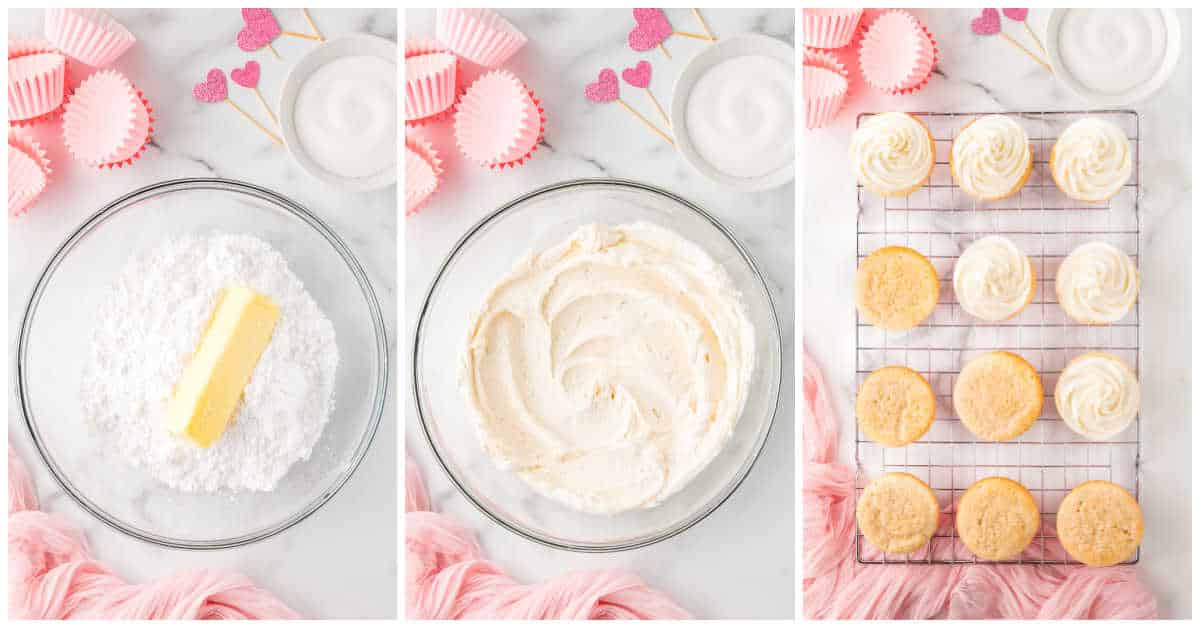 Collage of making the frosting and topping the cupcakes.