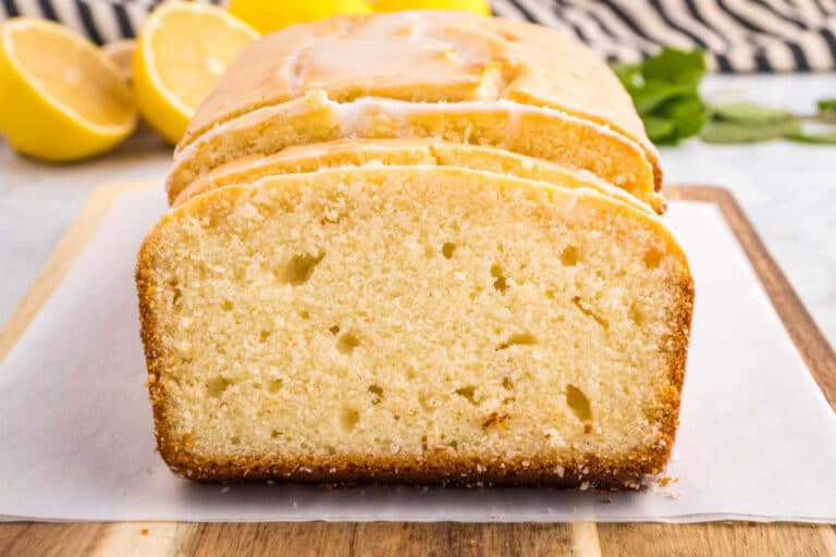 Iced lemon pound cake cut into slices.