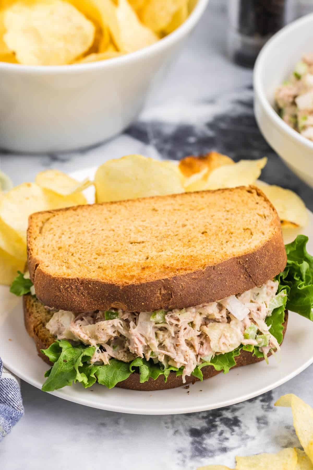 Tuna salad in between two slices of brown bread on a plate.