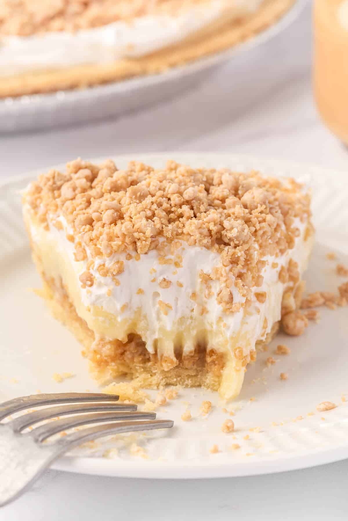 A slice of pie on a plate with a bite off the end.