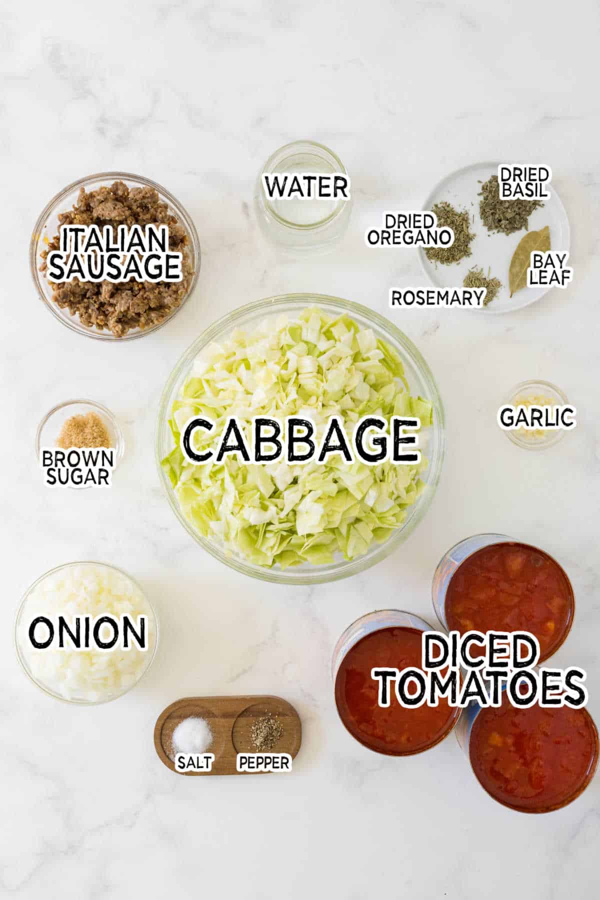 Ingredients to make sausage and cabbage soup.