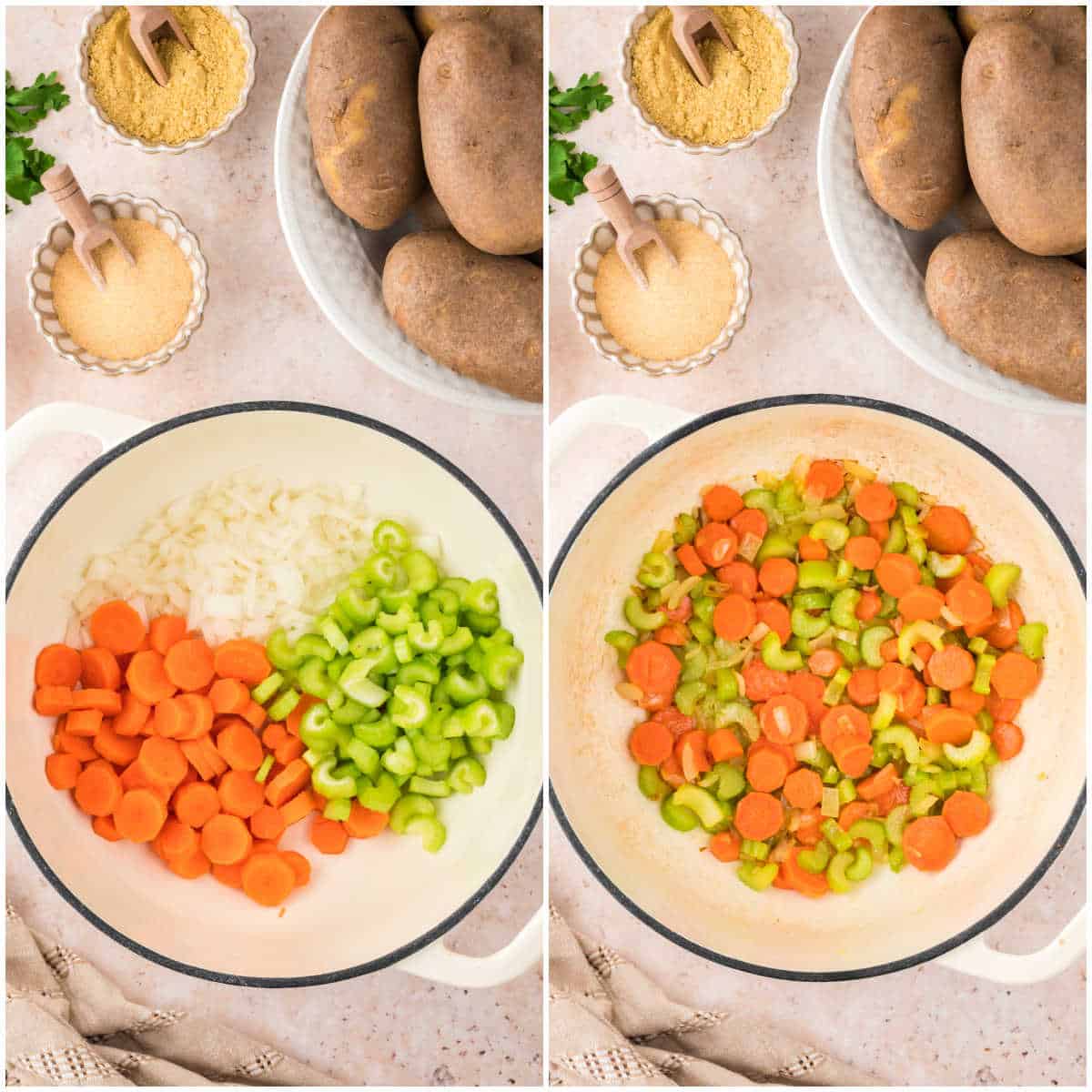 Collage of cooking the veggies in a pot.