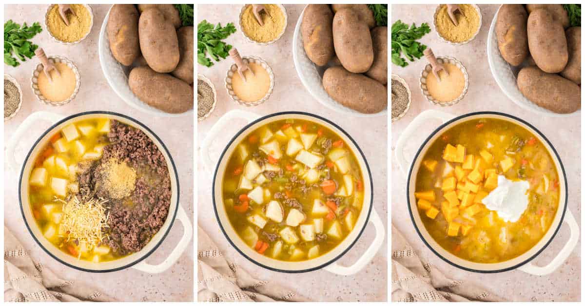 Collage of cooking the soup on the stove in a pot.