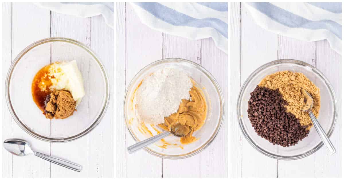 Collage of mixing ingredients in a bowl.
