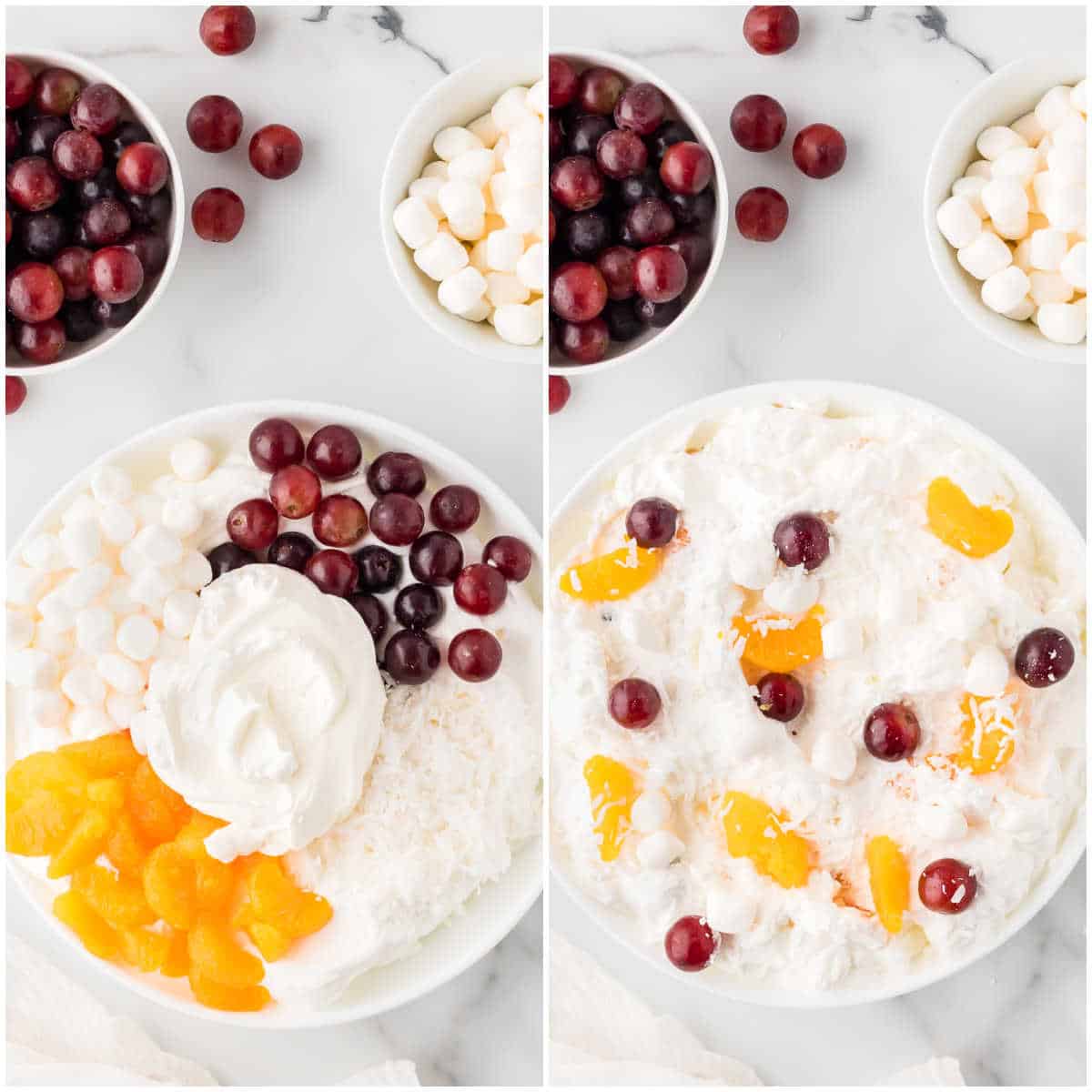 Collage of mixing the ingredients in a bowl.