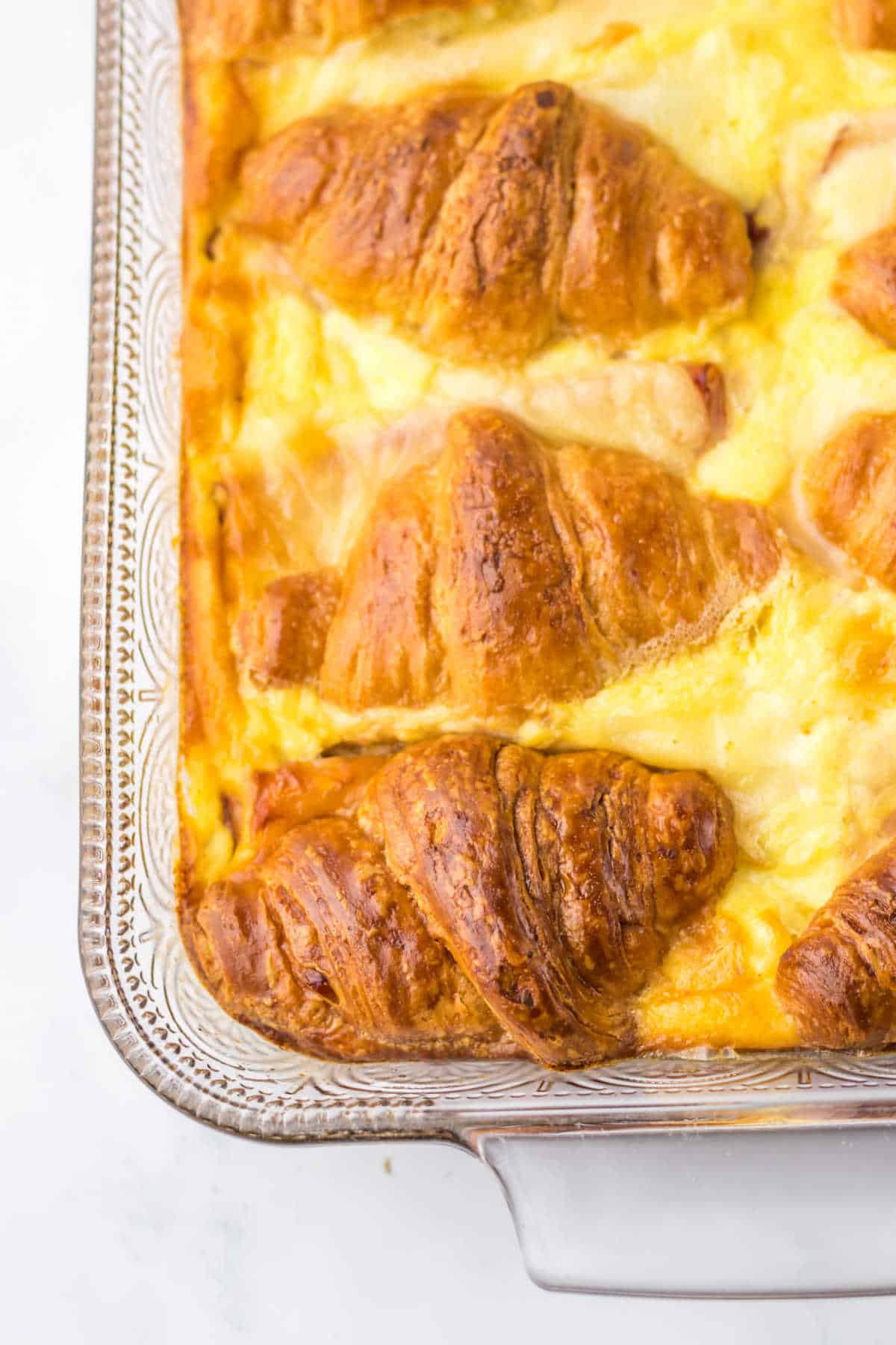 Ham and Swiss Croissant Bake in a casserole dish.