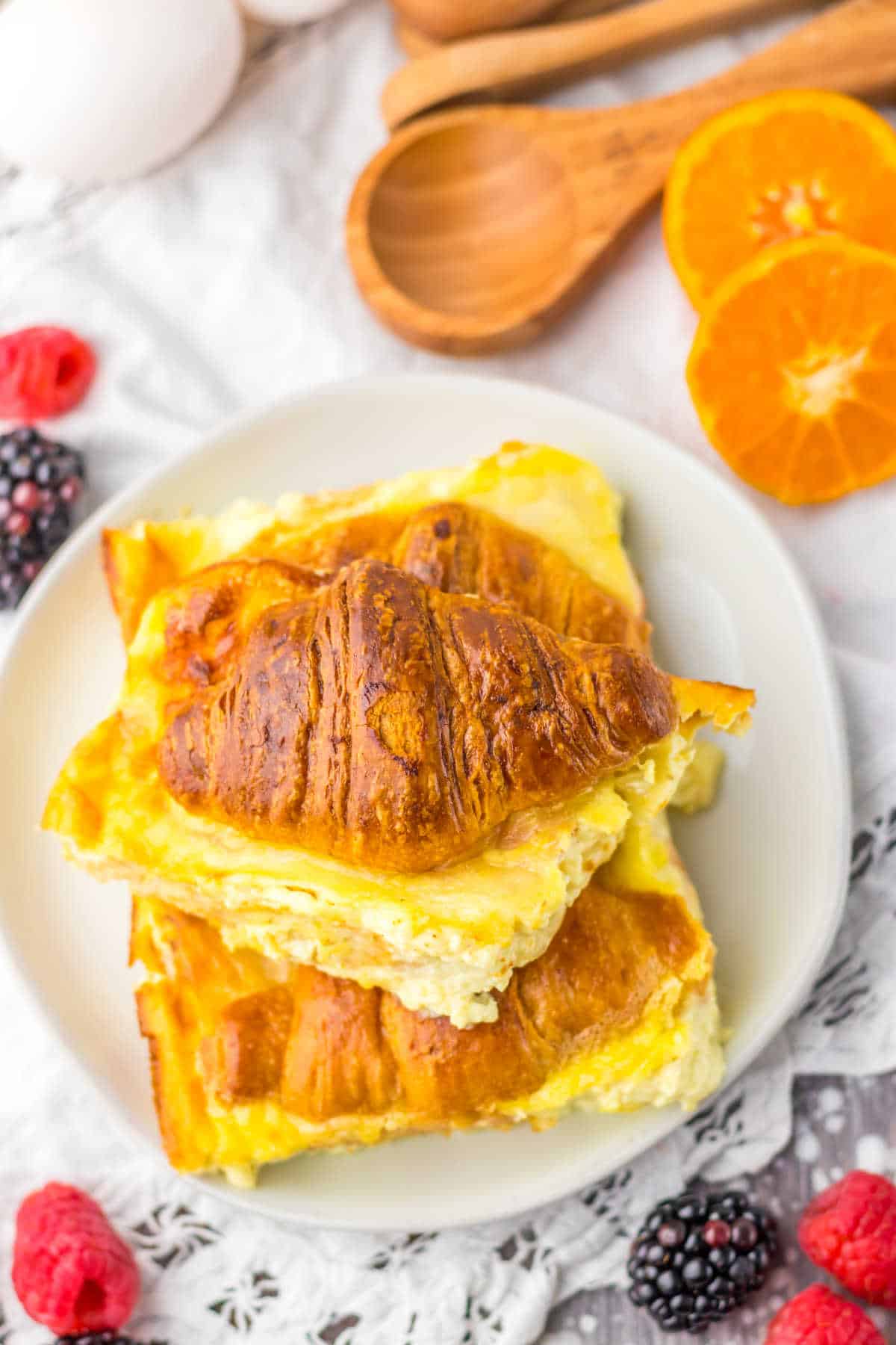 Ham and Swiss croissant bake on a plate.