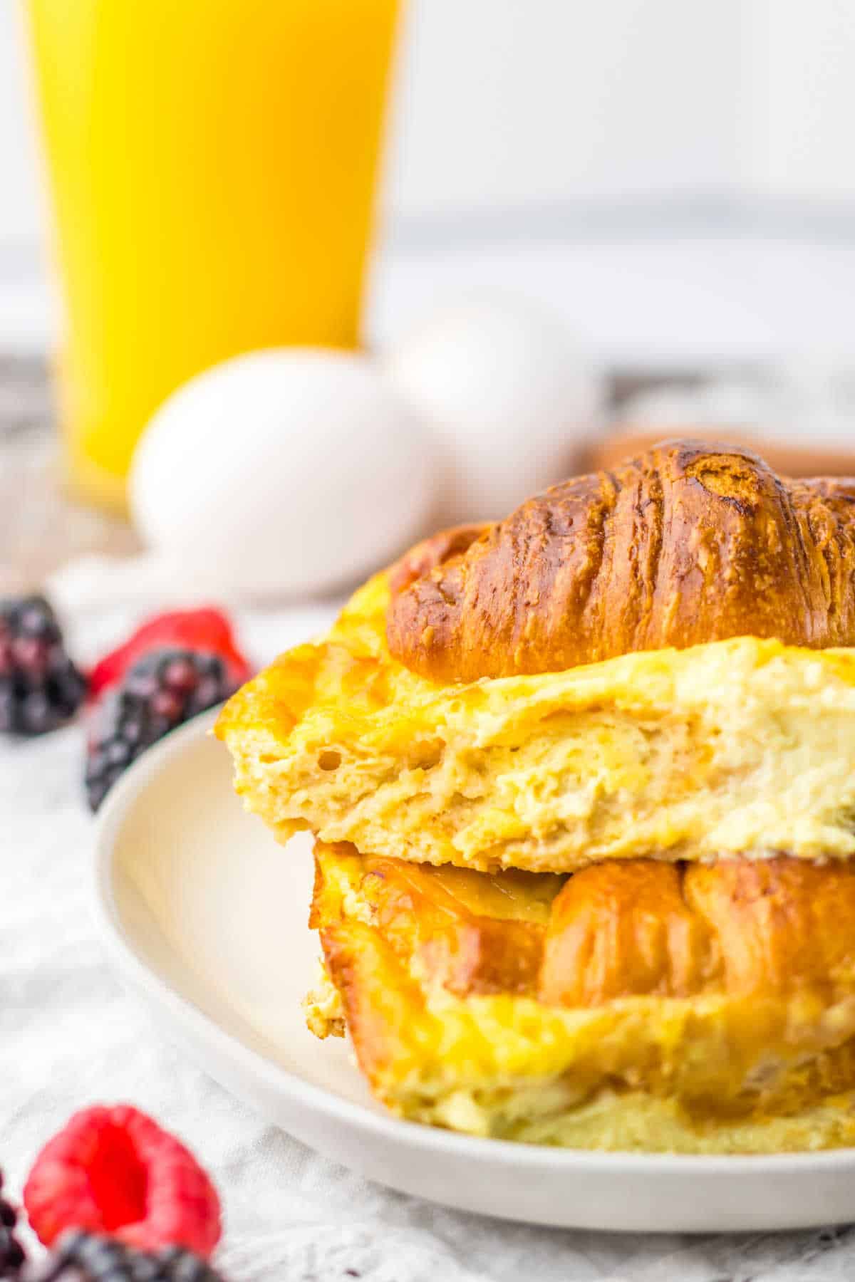 Ham and Swiss croissant bake on a plate.