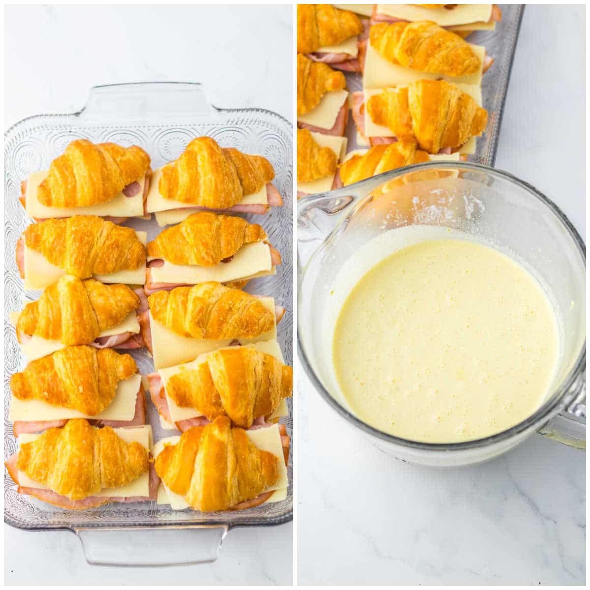 Collage of assembling the croissants and mixing the egg mixture in a bowl.