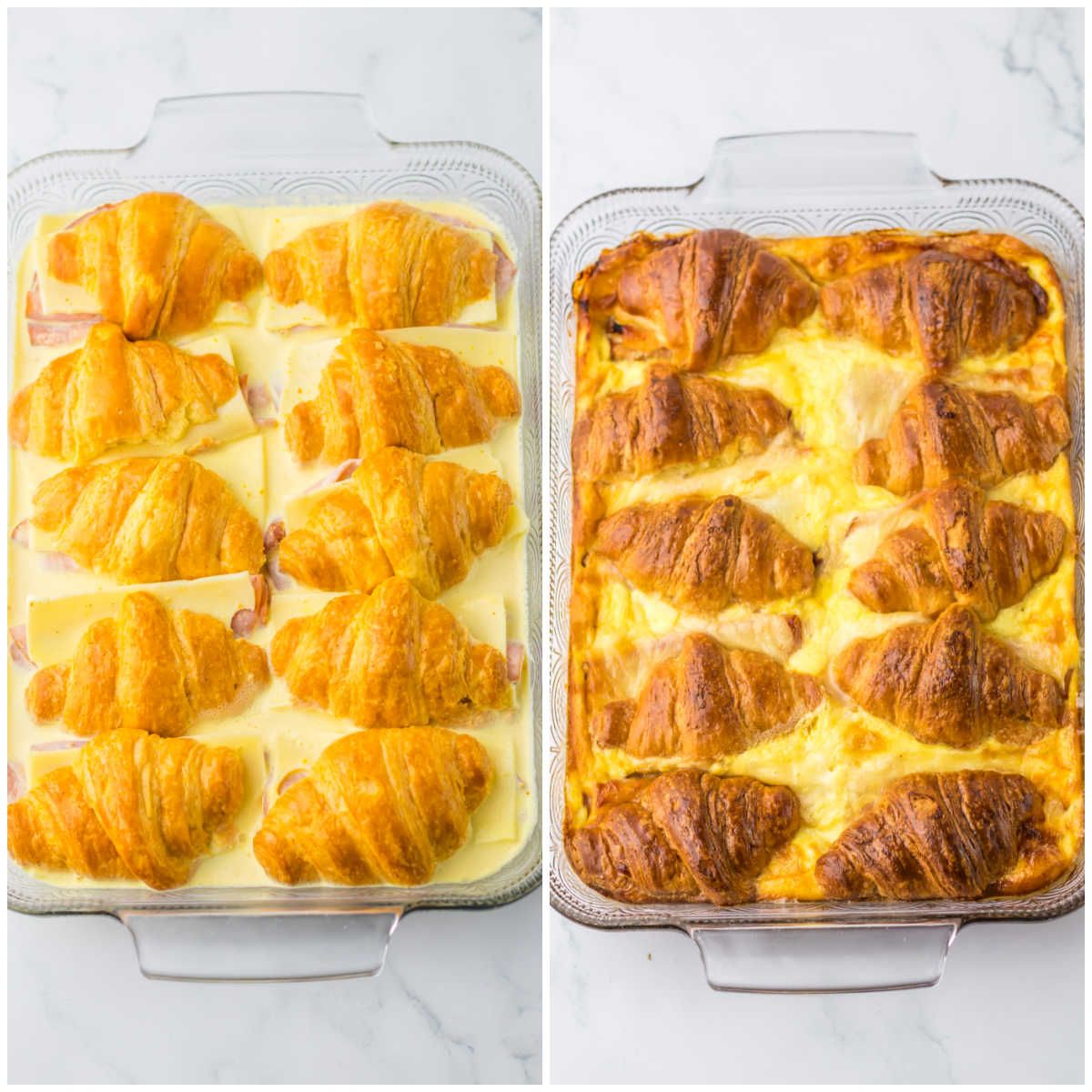 Collage of assembling the casserole and baking it.