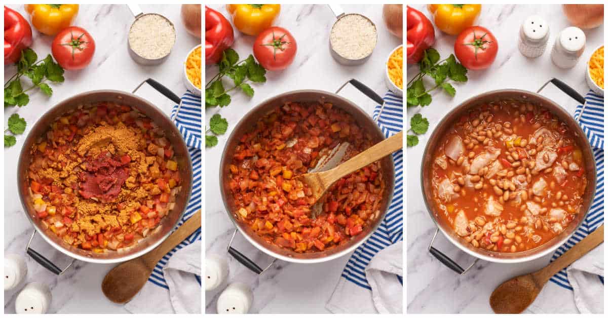 Steps to make one-pot chicken burrito bowl.