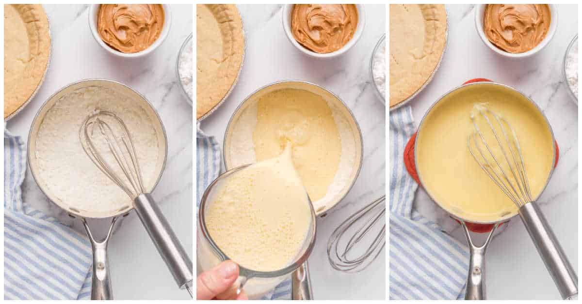 Collage of making the vanilla pudding in a pot.