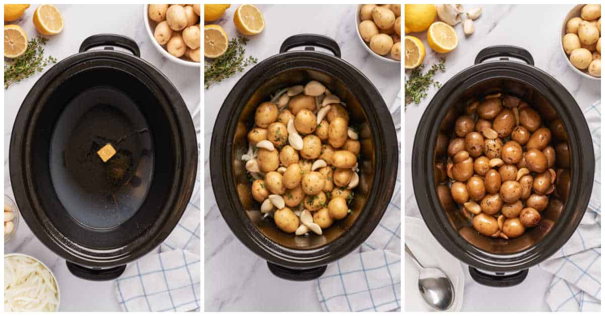 Steps to make slow cooker garlic potatoes.