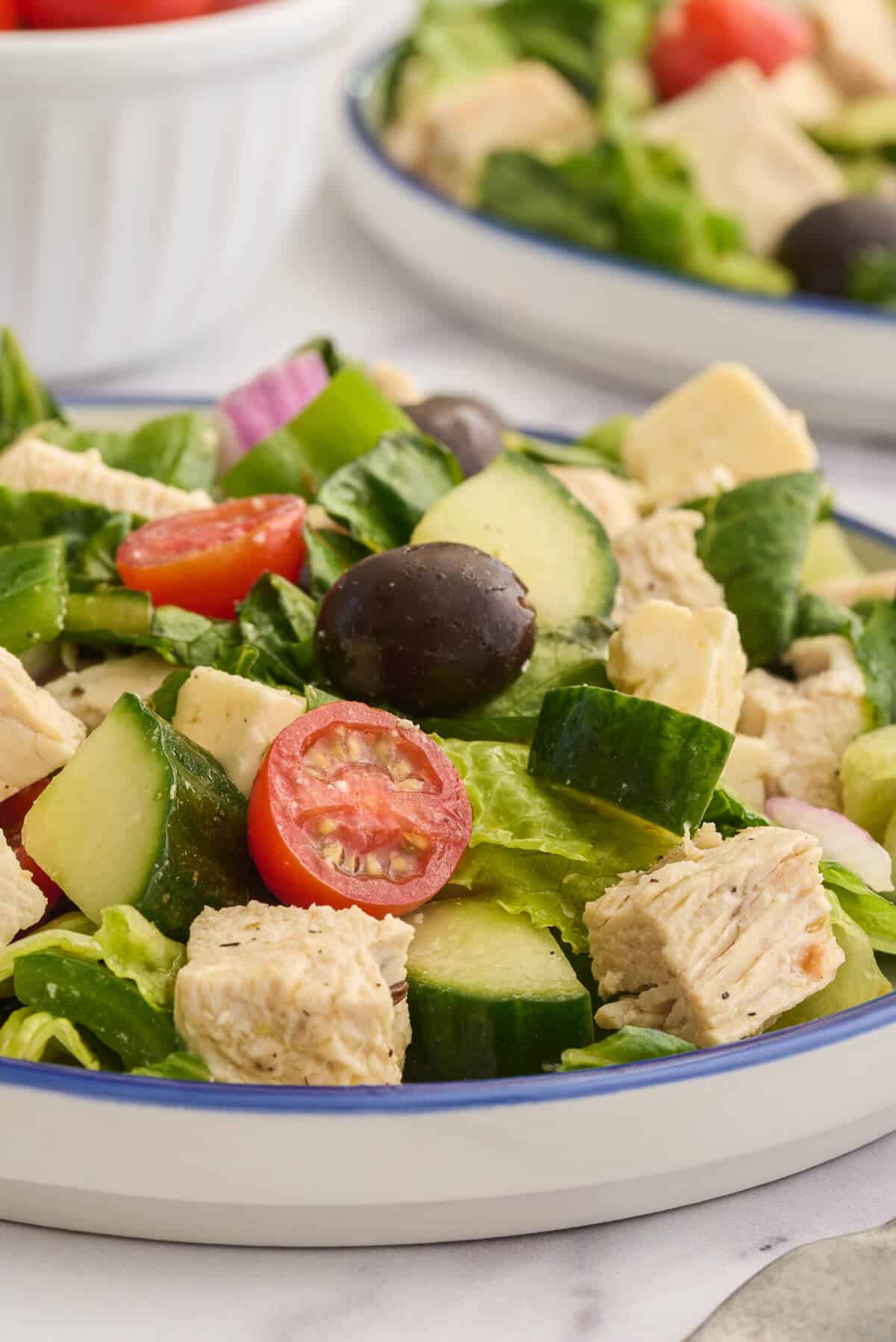 Greek chicken salad on a plate.