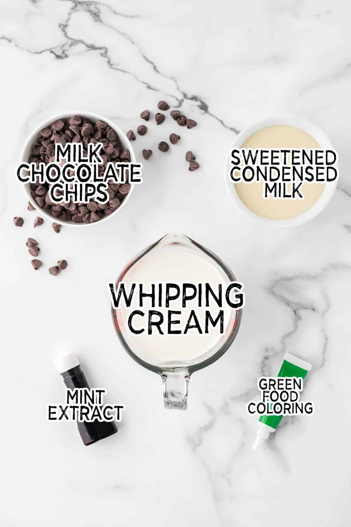 Ingredients to make mint chocolate chip ice cream.