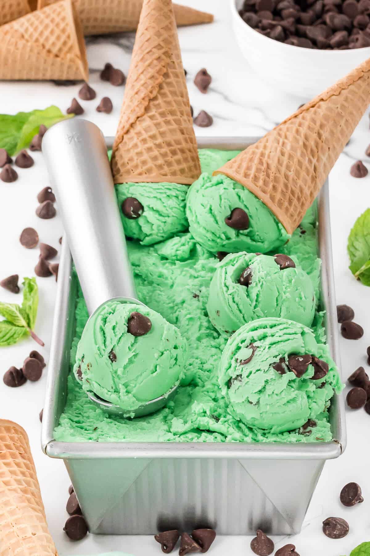 Mint chocolate chip ice cream in a loaf pan with an ice cream scoop and cones.