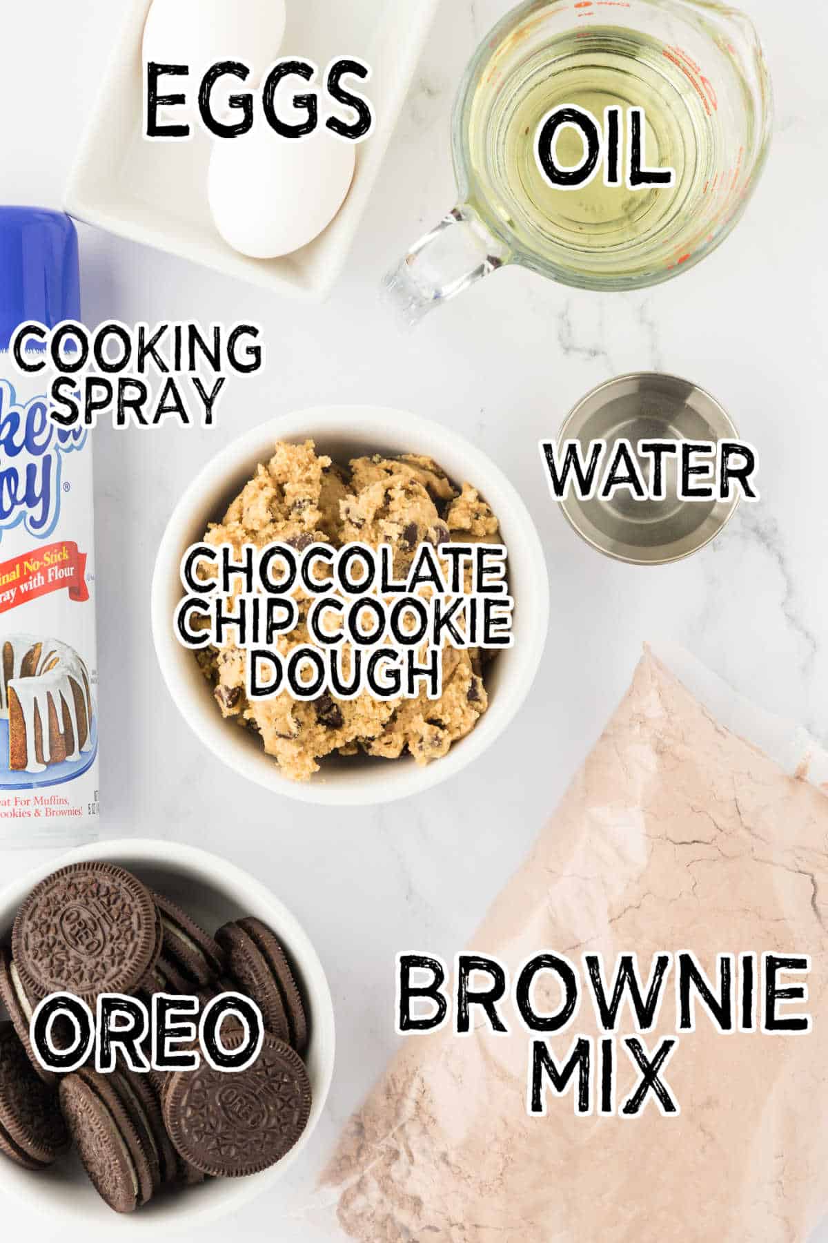Ingredients on a white marble counter.