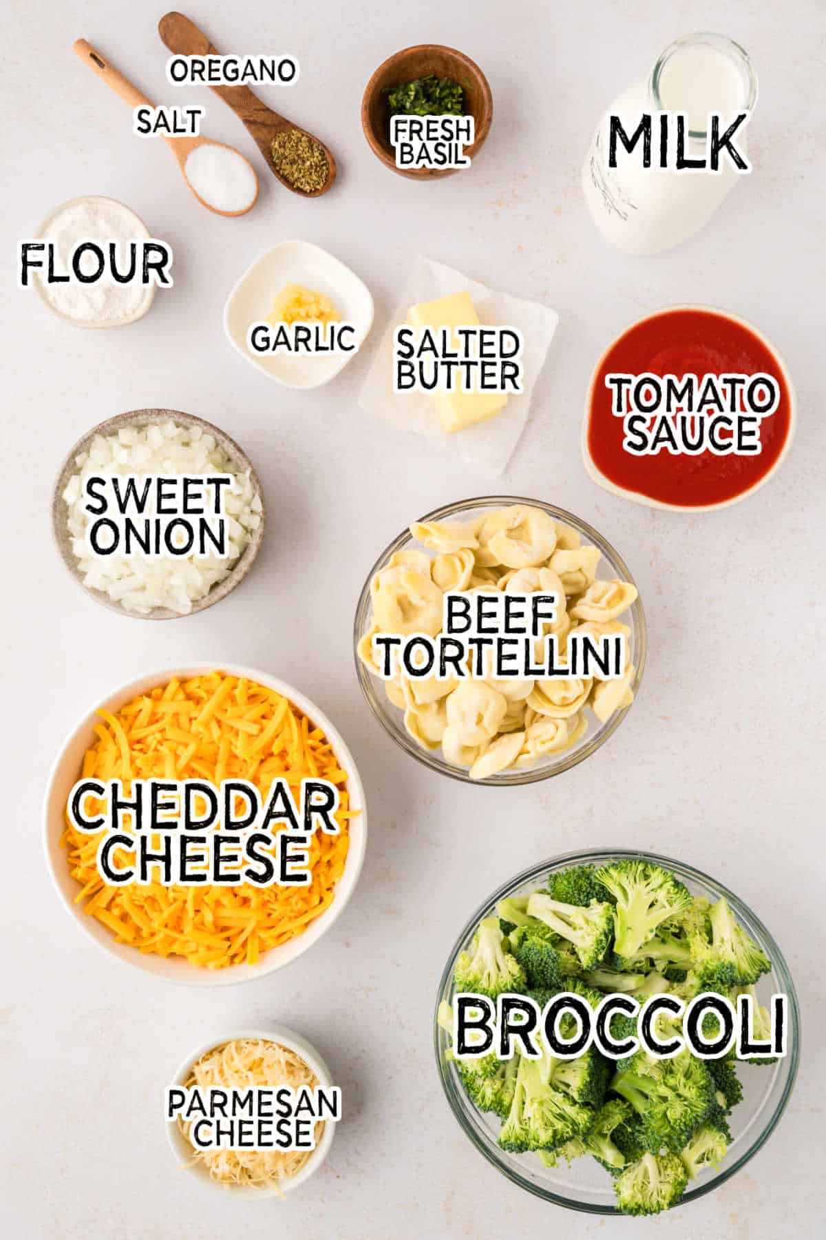 Ingredients to make tortellini casserole.