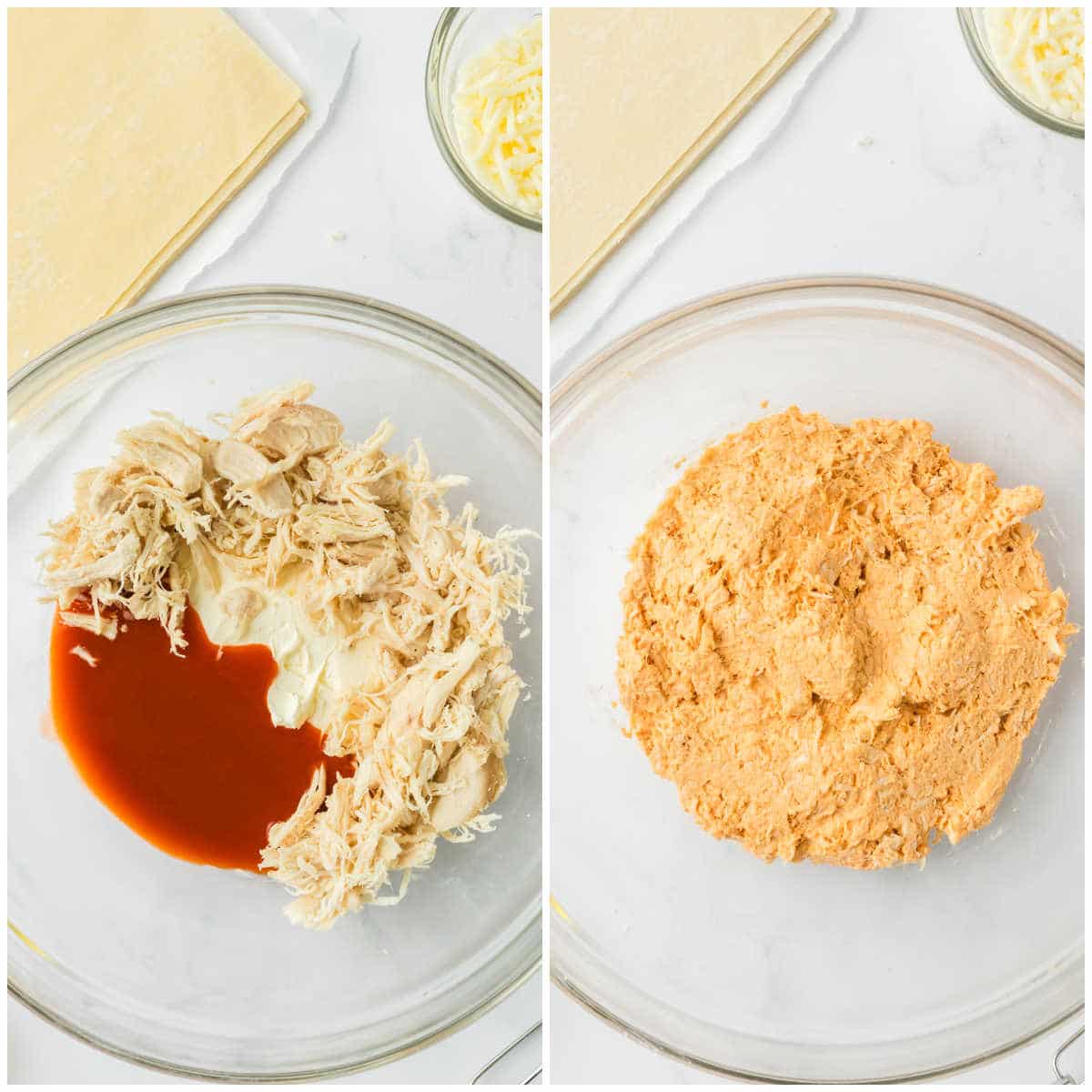 Collage of mixing the stuffing in a bowl.