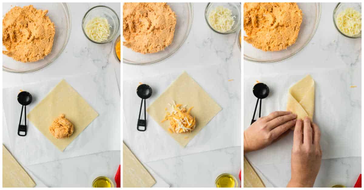 Collage of wrapping the egg rolls.
