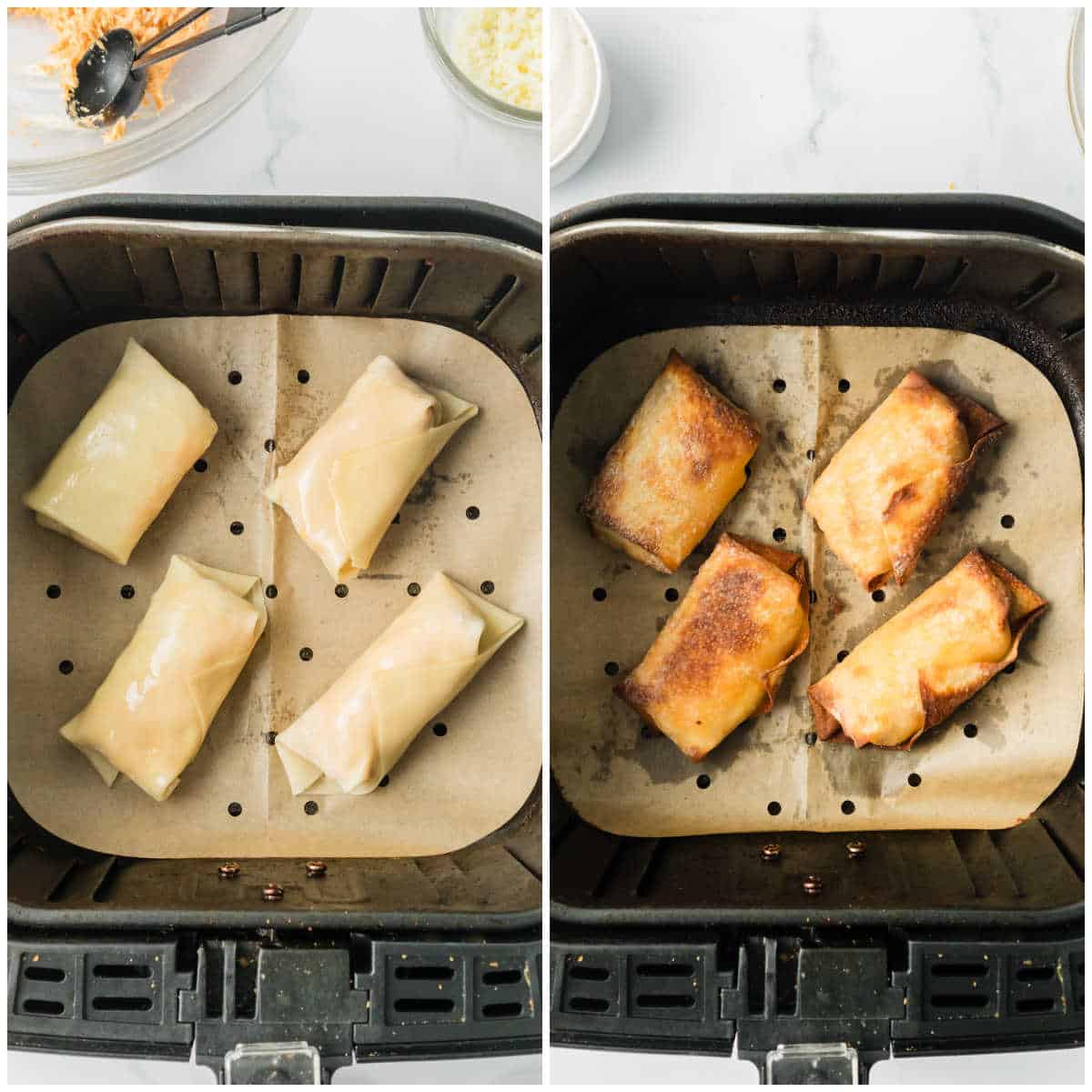 Steps to make air fryer buffalo chicken egg rolls.