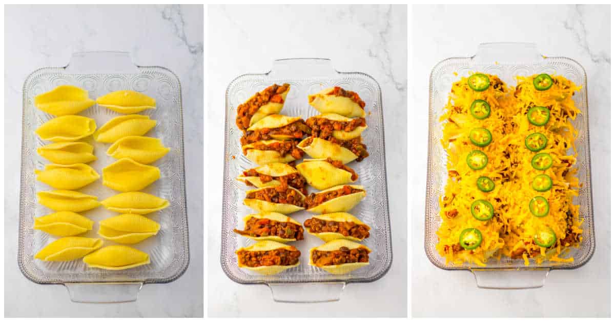 Steps to make chili cheese stuffed shells.