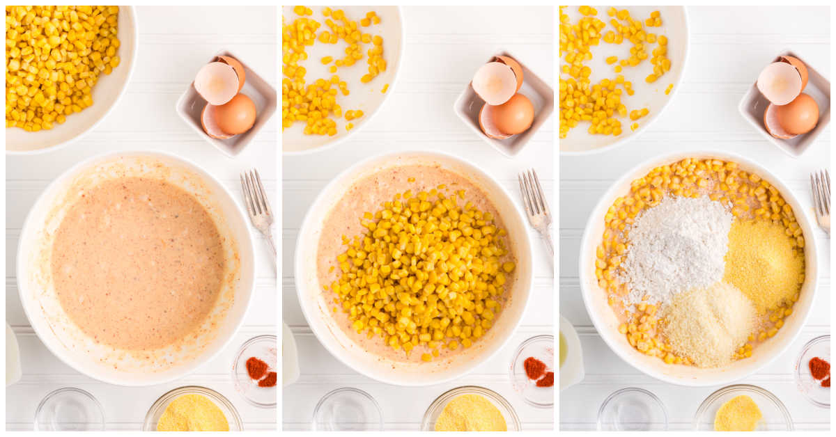 Steps to make corn fritters.